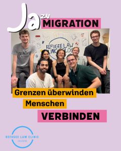 Gruppenfoto mit Schriftzug "Ja zu Migration. Grenzen überwinden – Menschen verbinden."